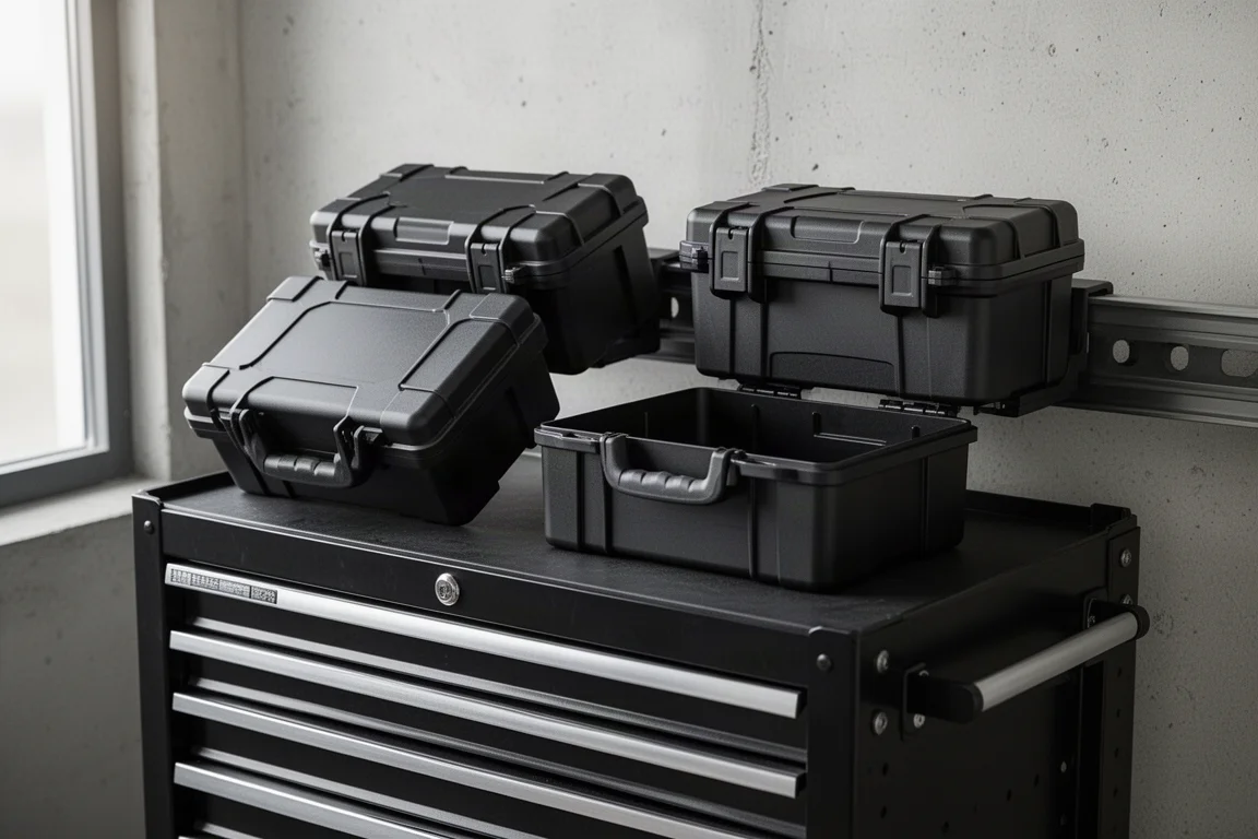 Modulare Boxen, auf einem Schienensystem auf einem rollenden Koffer ineinander verriegelt