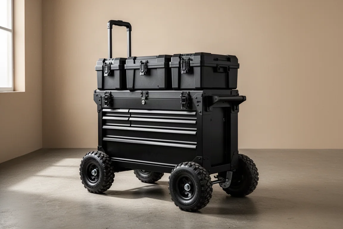 Rolling tool chest with modular boxes latched on top on a concrete floor