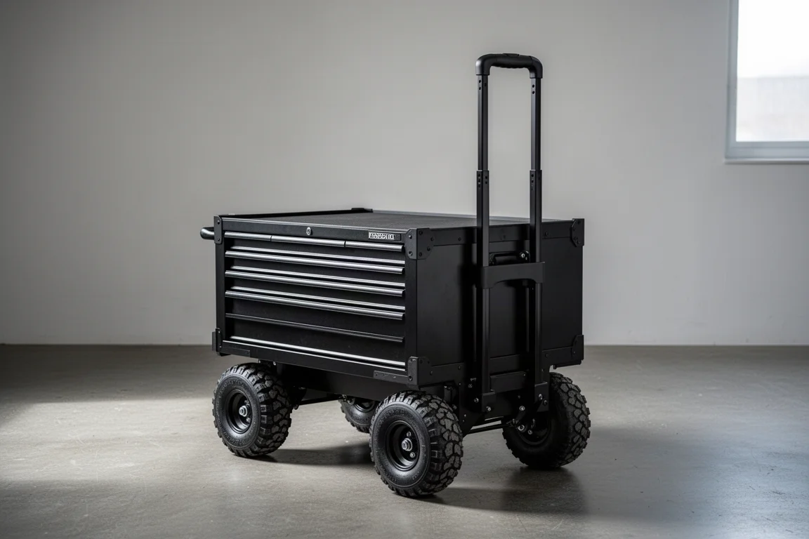 Rolling tool chest base unit on large wheels with handle extended on a concrete floor