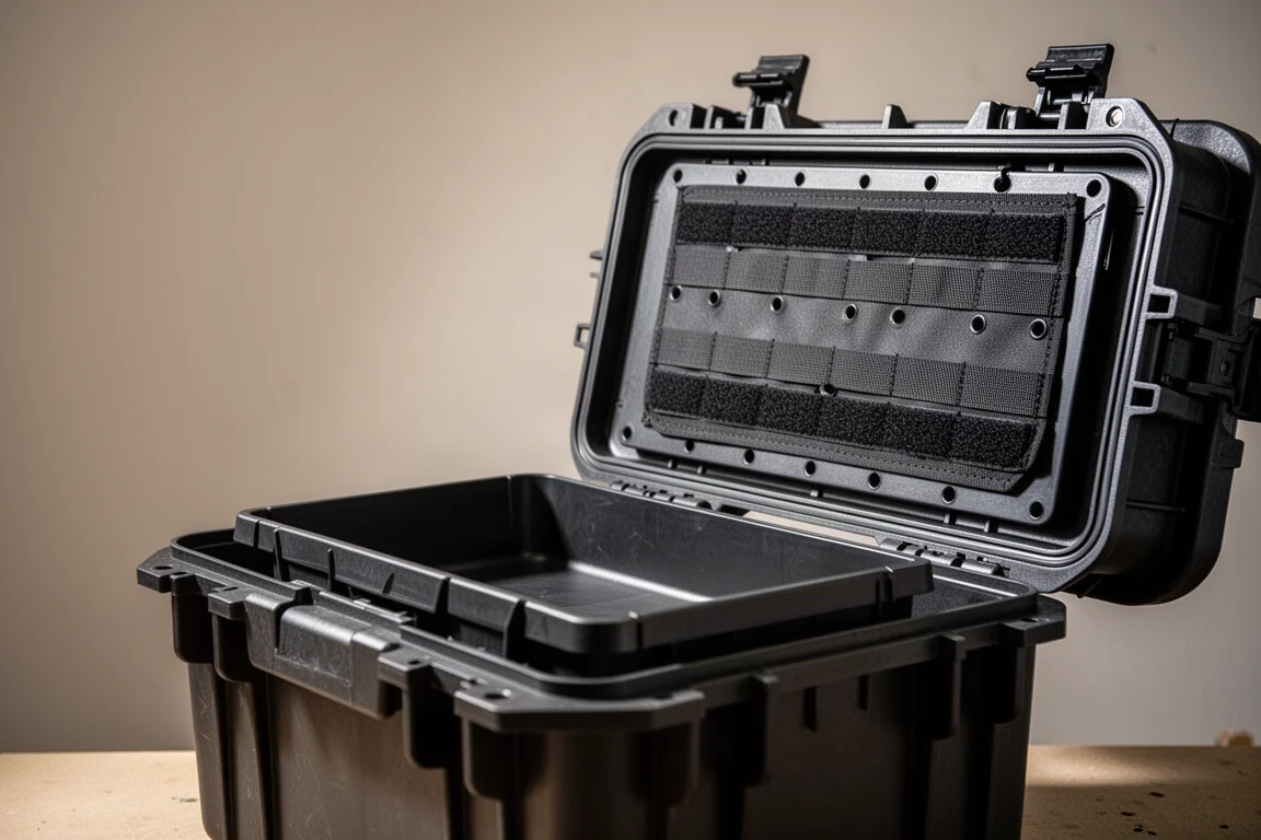 Tool box lid opened from the side showing internal tray and dividers