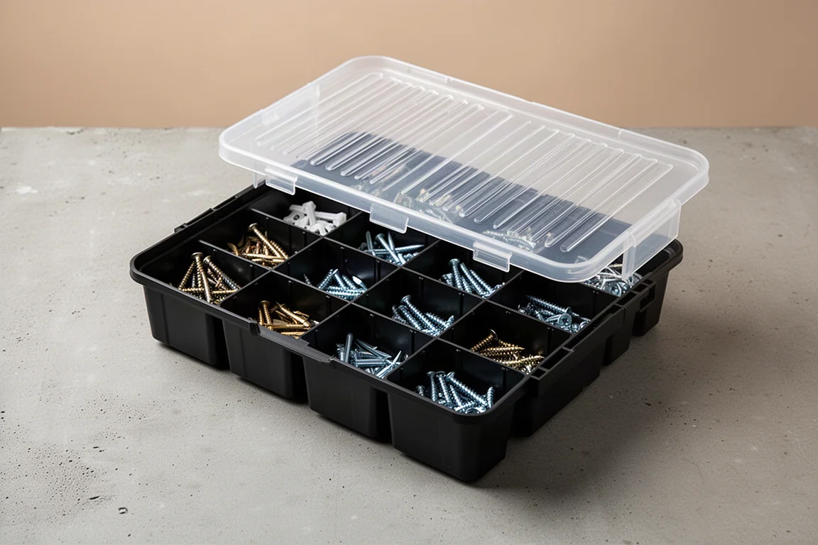 Deep organizer with clear lid and rows of removable small parts bins