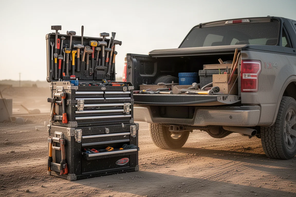Full stacked modular tool box system loaded with tools beside a pickup truck