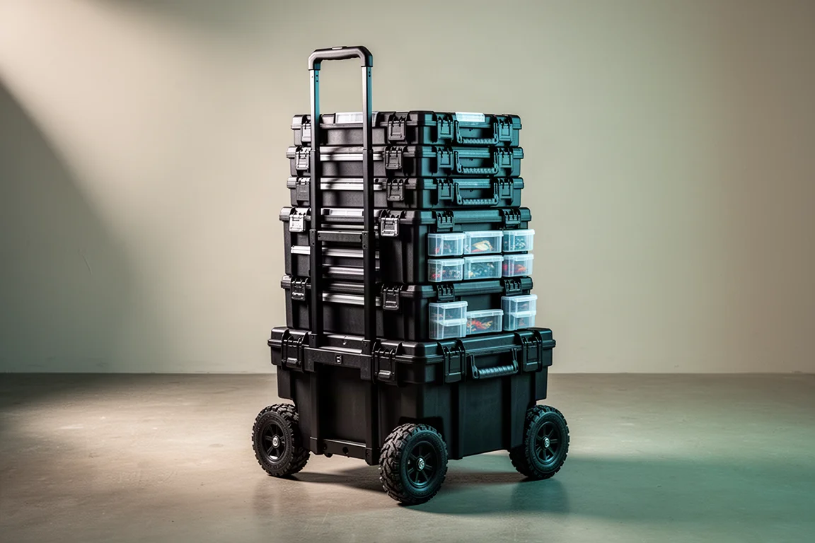 Full MakTrack modular tool box stack on wheels with handle extended