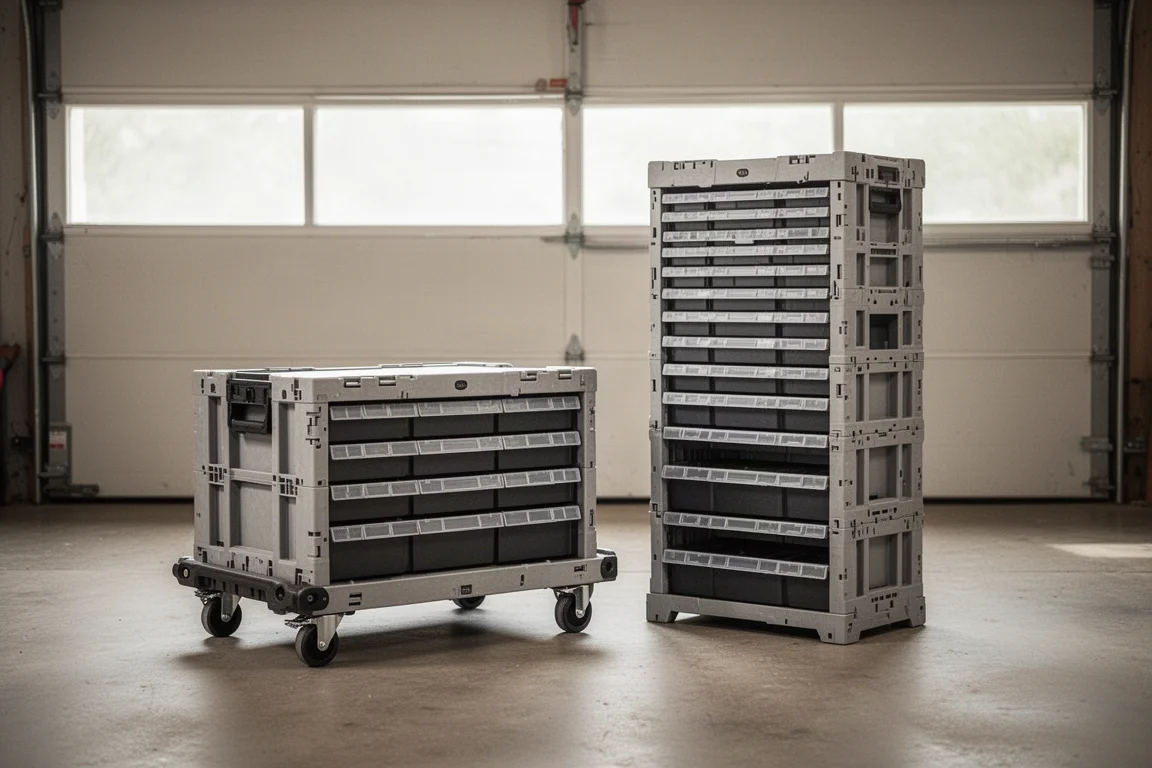 Two stacked modular tool storage systems side by side on a workshop floor