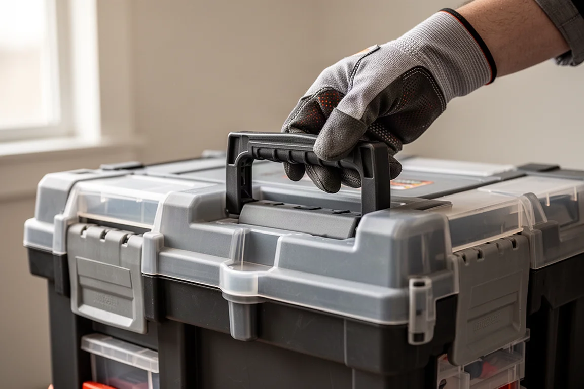 Close-up of a large tool box latch being opened with a gloved hand