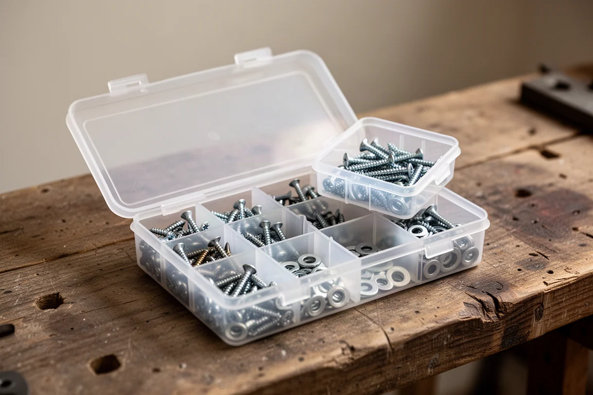 Open organizer case with removable small parts bins on a workbench