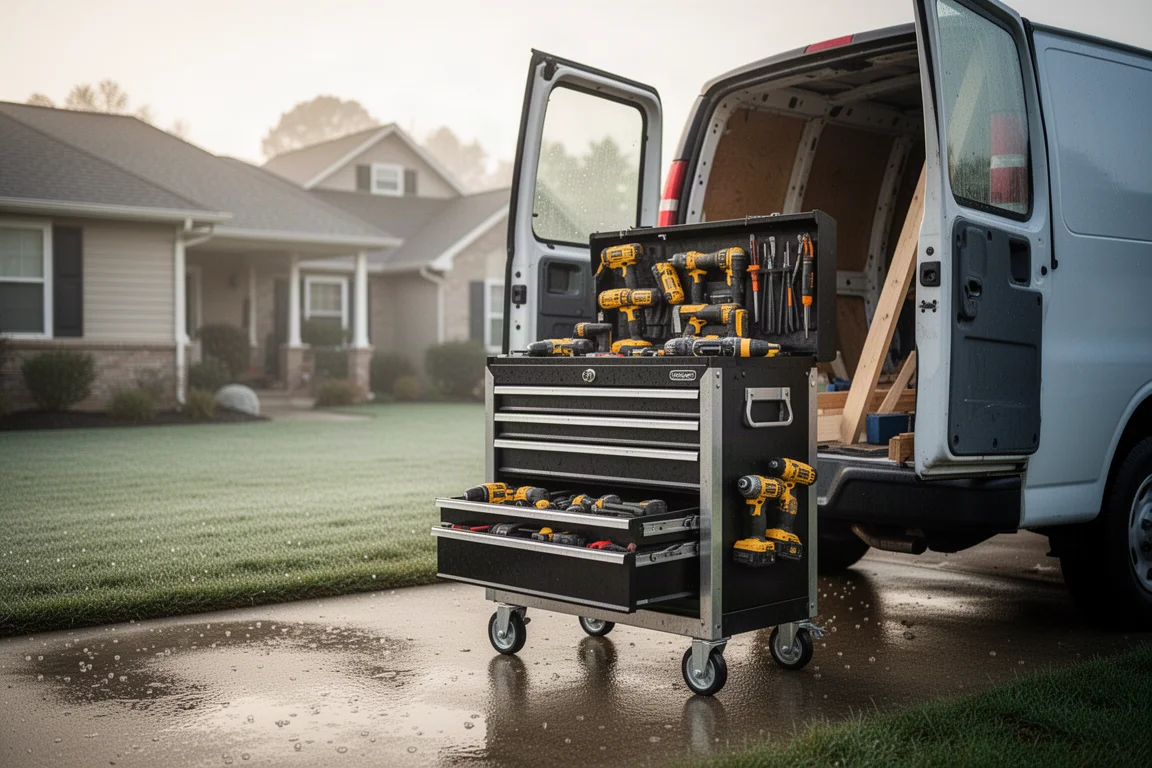Rolling tool chest loaded with tools parked beside a work van