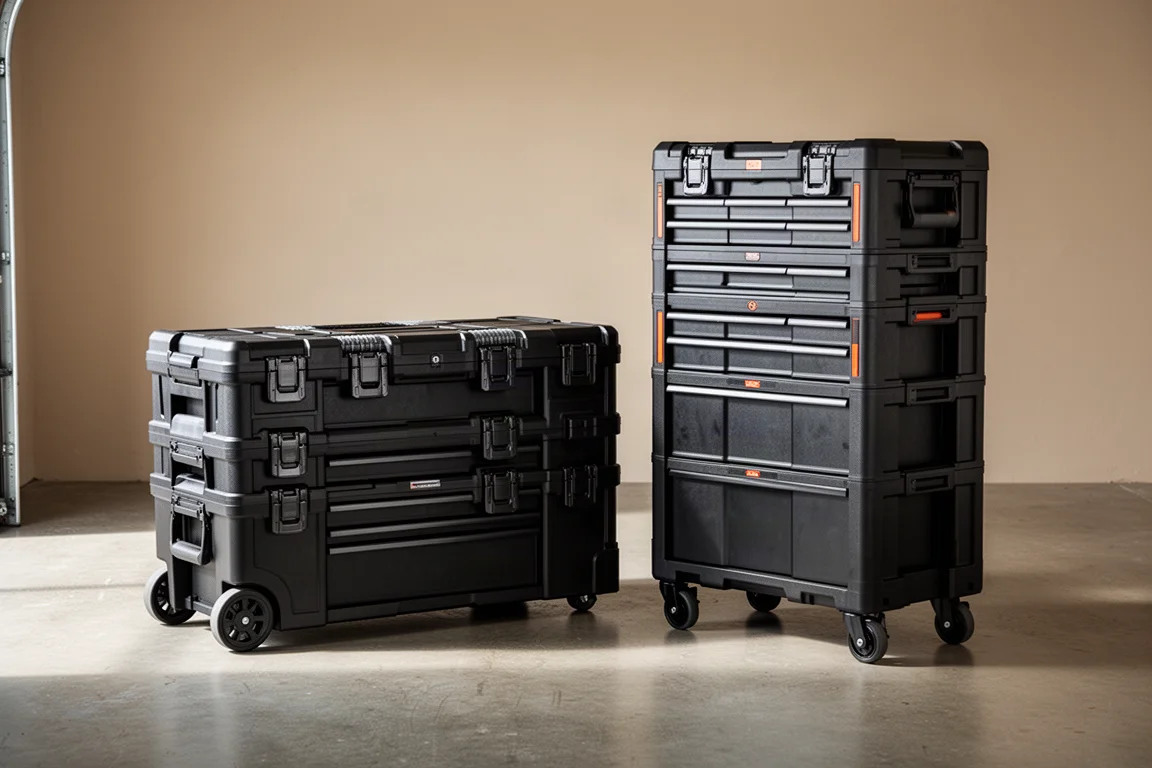 Two modular tool storage systems side by side on a concrete garage floor