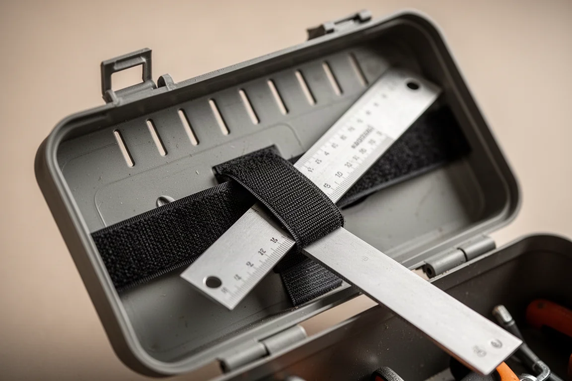 Cinghia in velcro che fissa un lungo utensile manuale sotto il coperchio di una cassetta portautensili