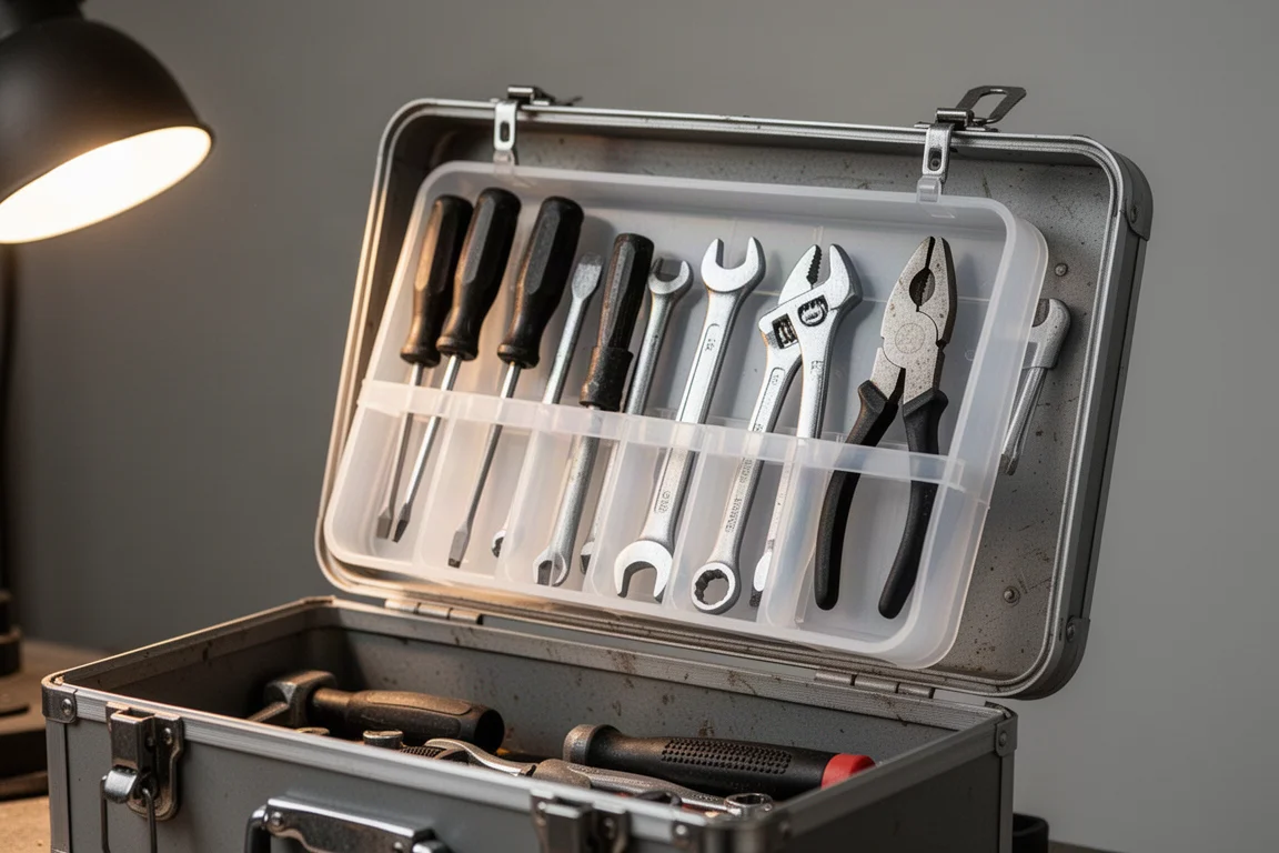 Coperchio di una cassetta portautensili con organizer per utensili manuali montato su un divisore, contenente chiavi inglesi e pinze