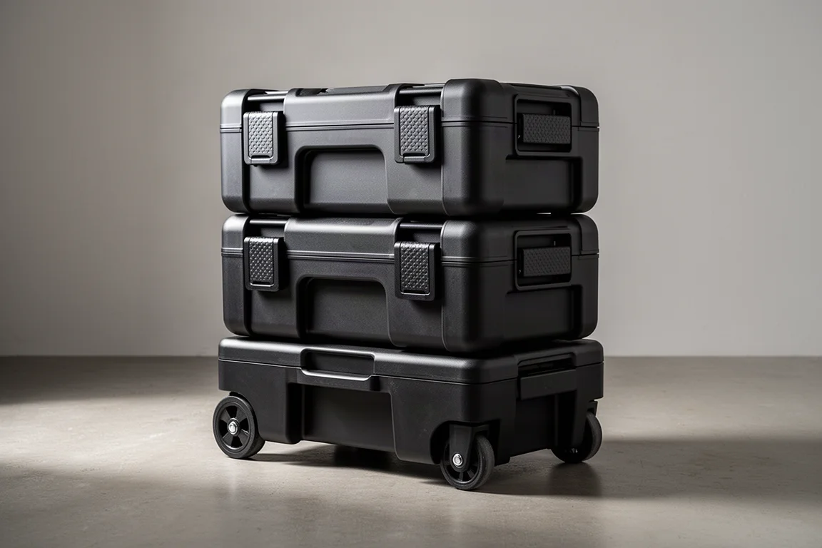 Stack of matte black modular tool boxes with a wheeled base on a concrete floor