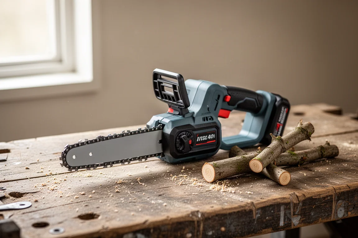 Compact cordless mini chainsaw resting on a workbench beside cut wood branches
