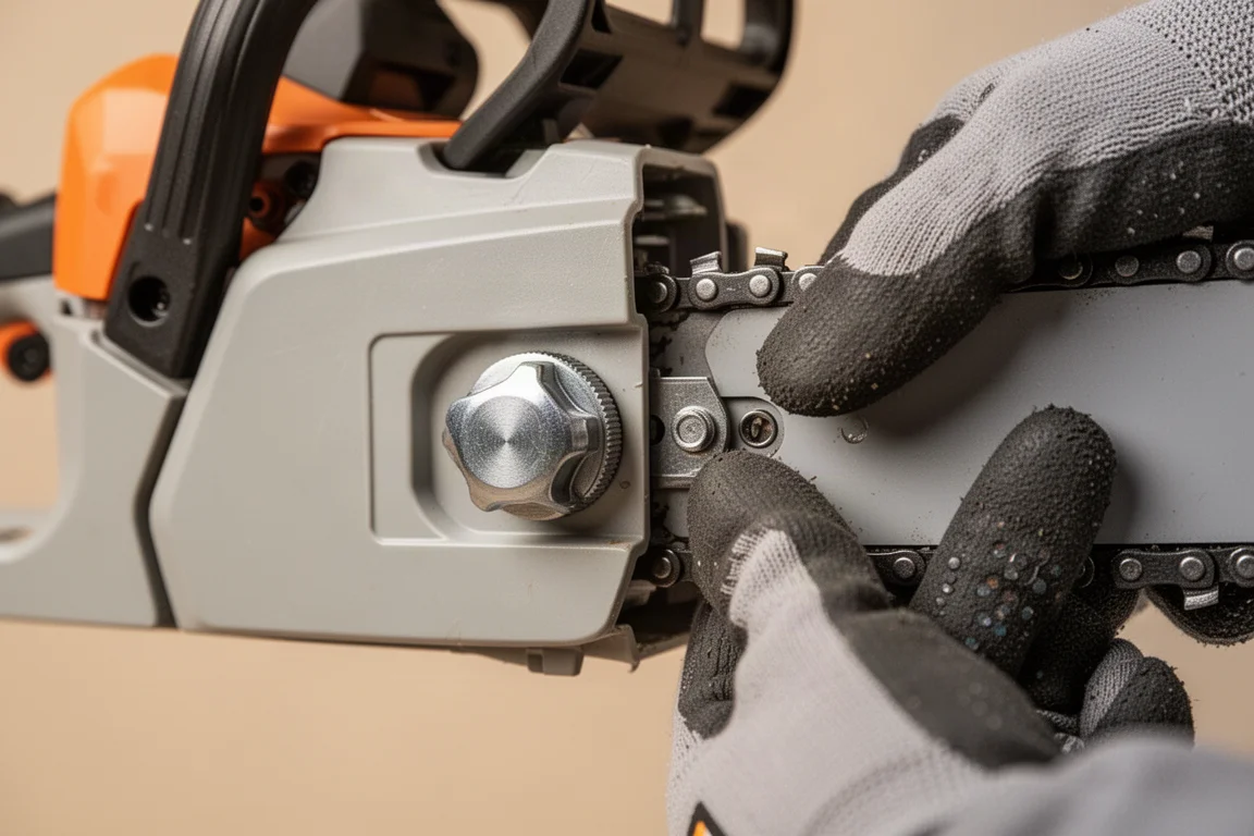 Close-up of a gloved hand adjusting the chain tensioning knob on a mini chainsaw