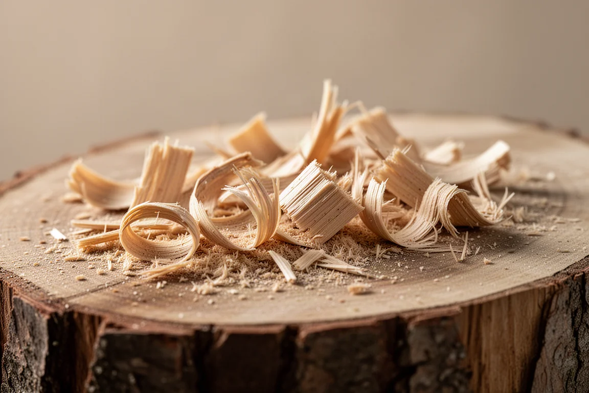 Three mini chainsaw chips and sawdust scattered on a wooden cutting surface