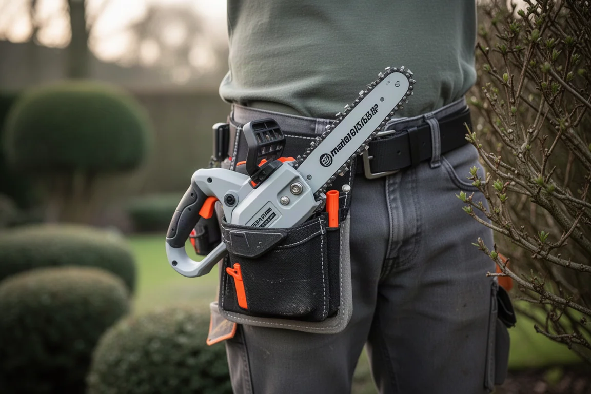 Mini chainsaw holstered on a hip belt ready for pruning work in a garden