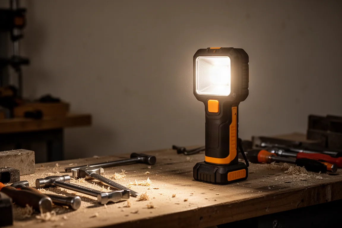 Cordless work light glowing on a workbench in a dim workshop
