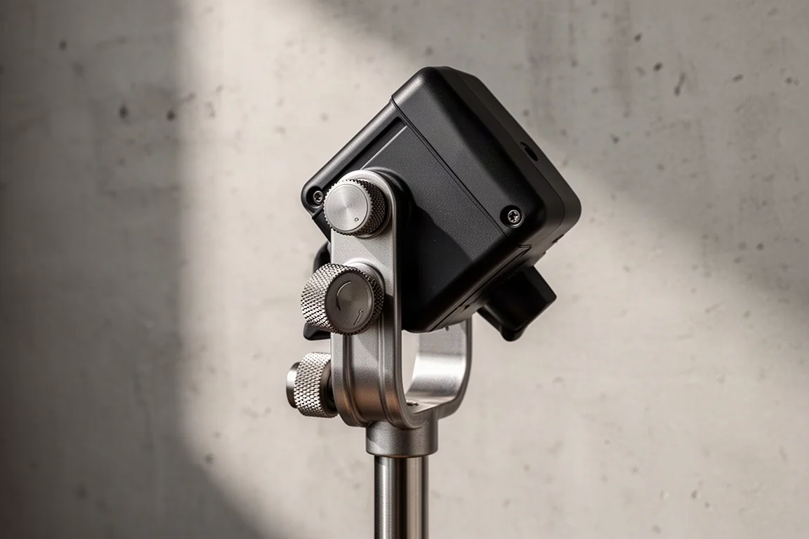 Close-up of locking dials and swiveling head on a work light stand
