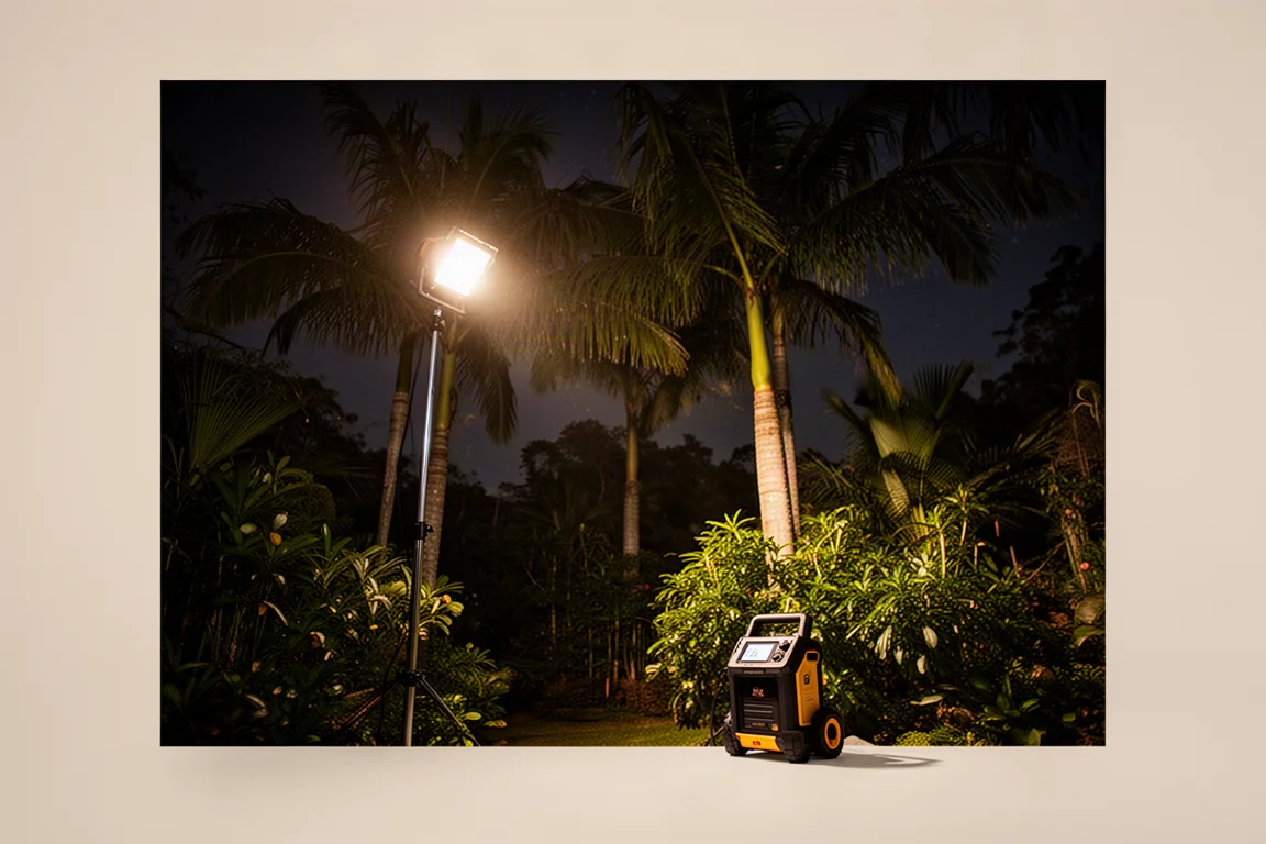 Work light illuminating palm fronds in a dark garden at night