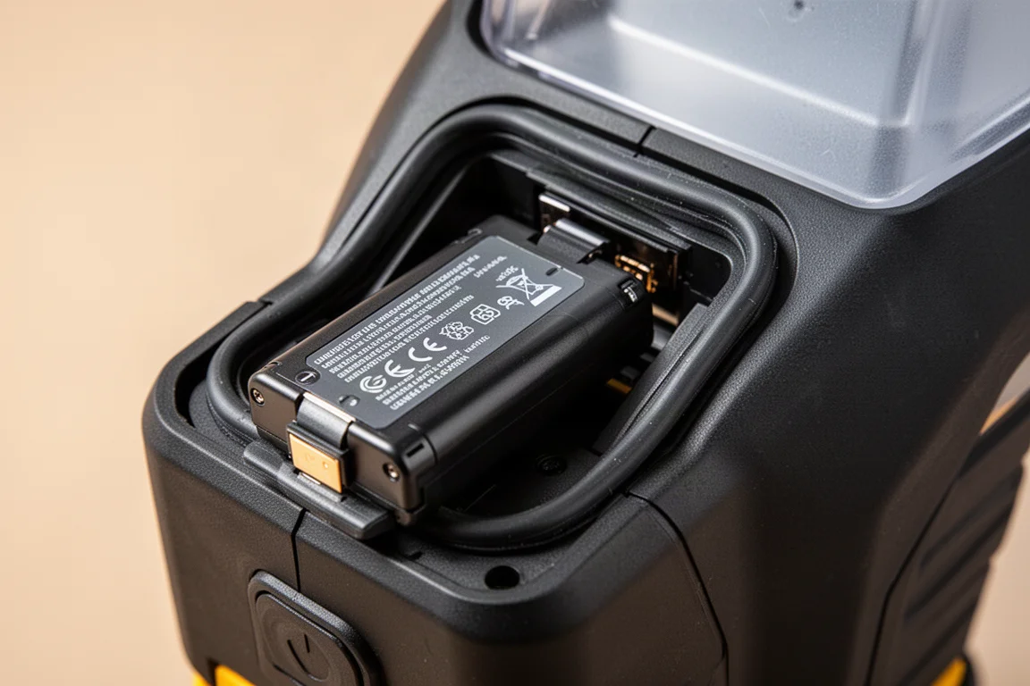 Battery pack being slid into the back of a work light