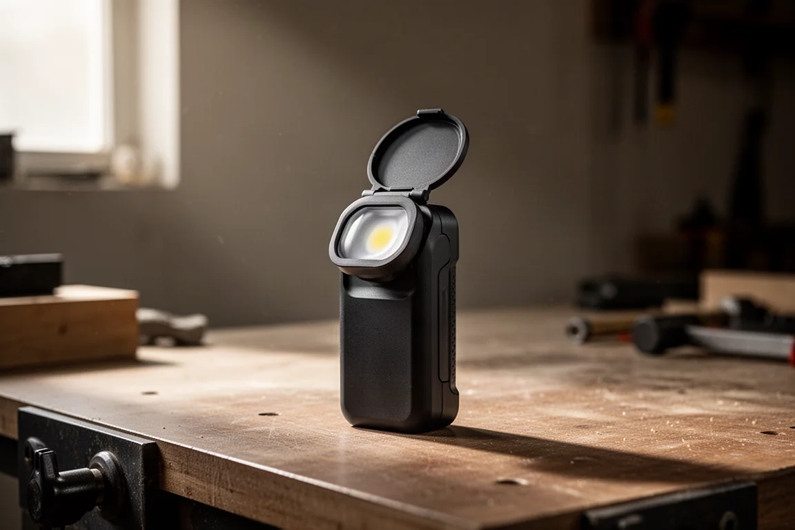 緊湊型無線工作燈立於工作檯上,鏡頭護蓋向下掀開