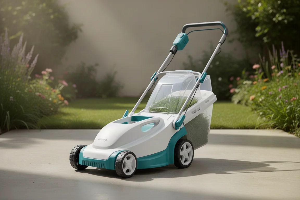 Compact Makita vertical cordless lawn mower with top grass canister on concrete