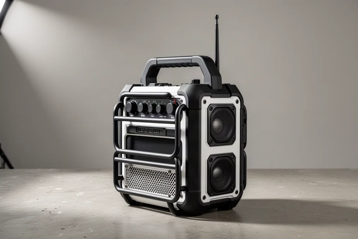 Upright Makita-style job site radio with raised handle on a concrete workshop surface