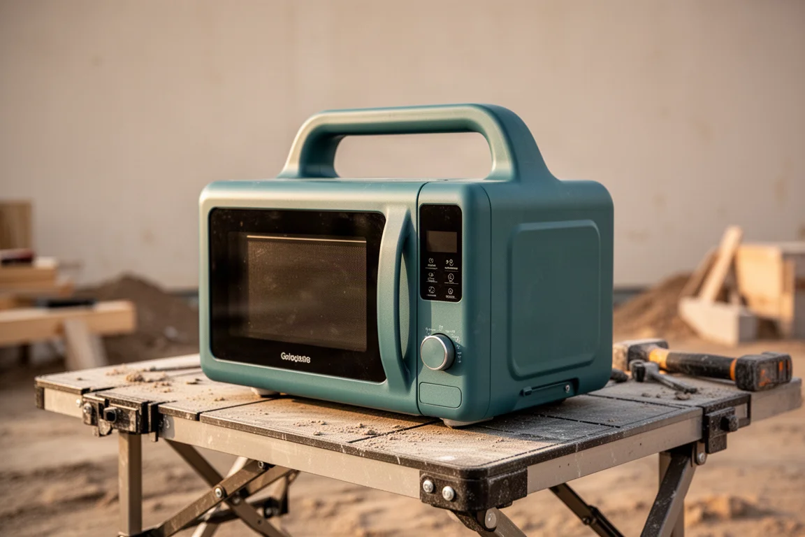 Draagbare magnetron op een vouwtafel op een buitenlocatie