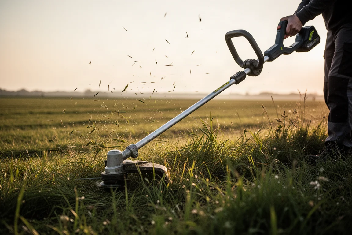 Operator przycinający zarośniętą trawę przy skraju pola długą kosiarką żyłową