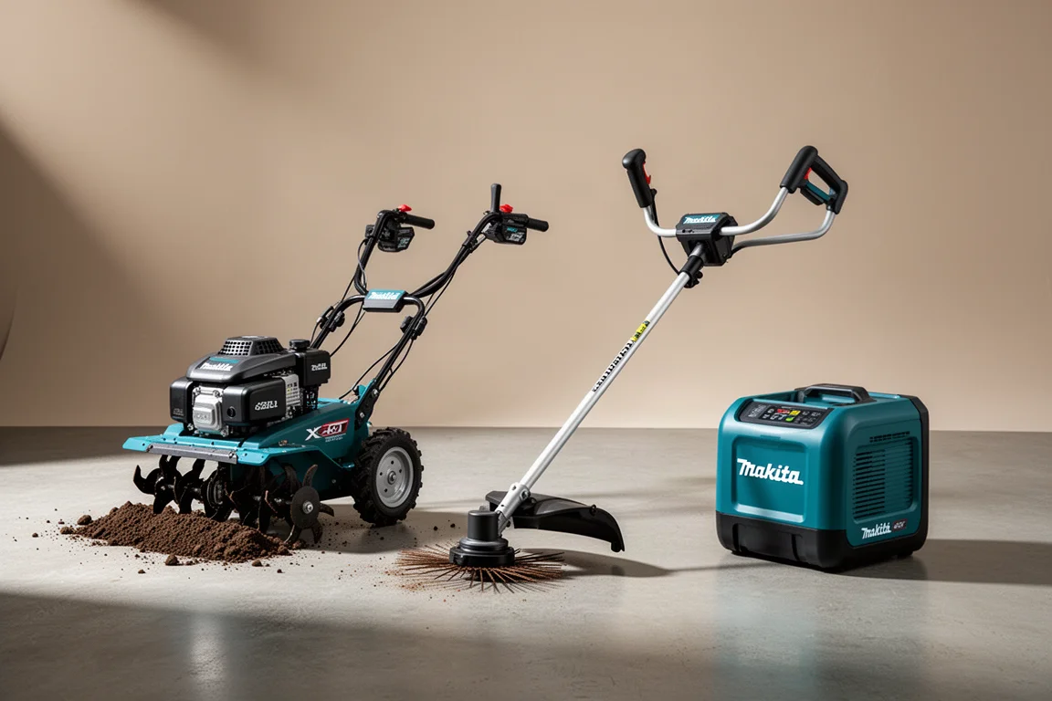 Lineup of Makita 40V cordless outdoor tools on a concrete studio floor