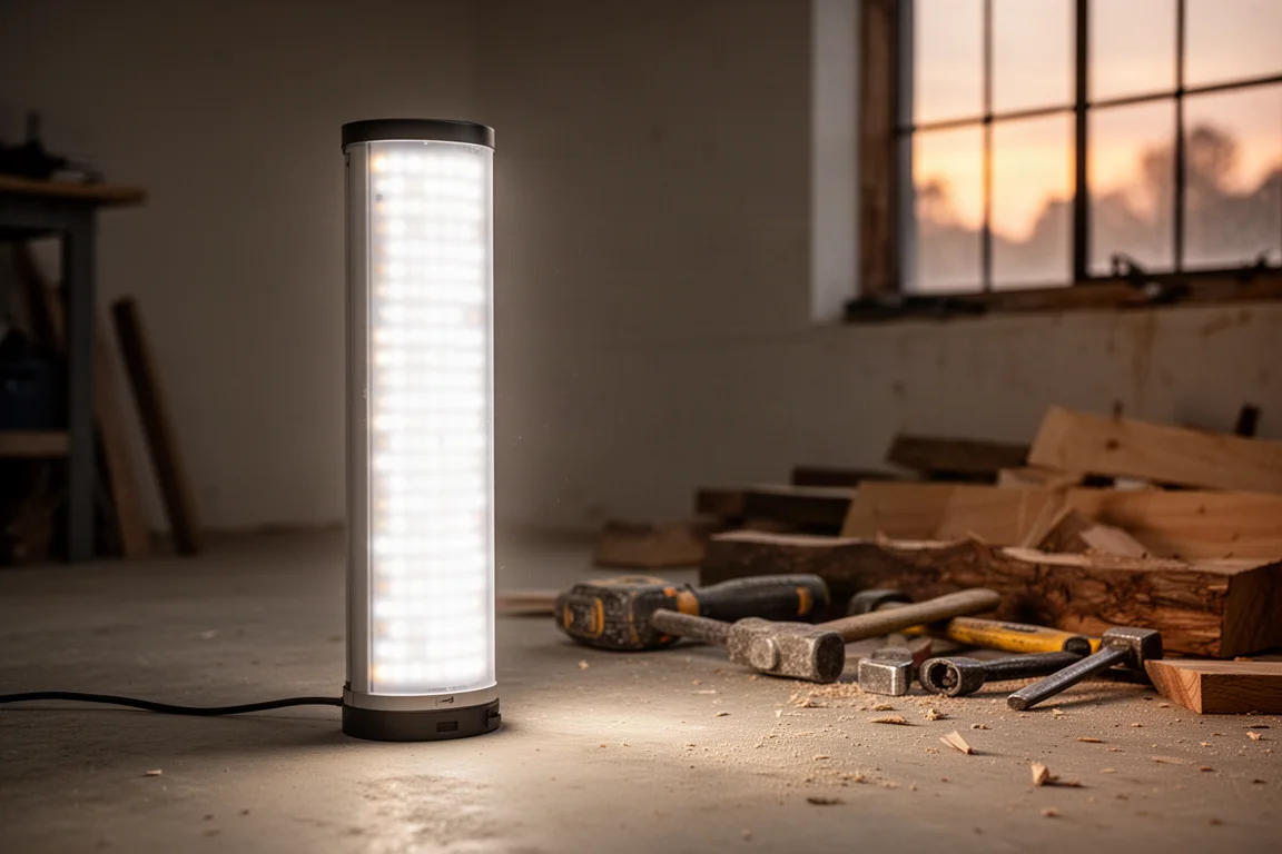 Large cylindrical LED work light glowing on a workshop floor