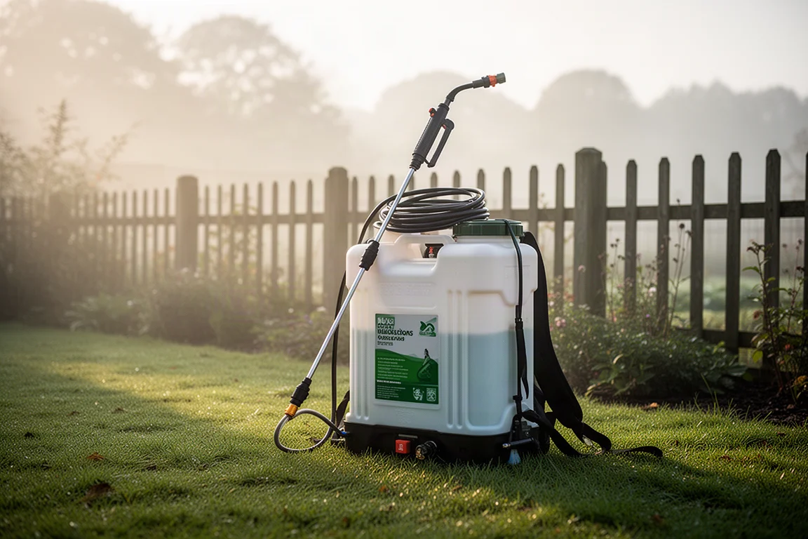 Backpack sprayer resting on grass in a garden setting