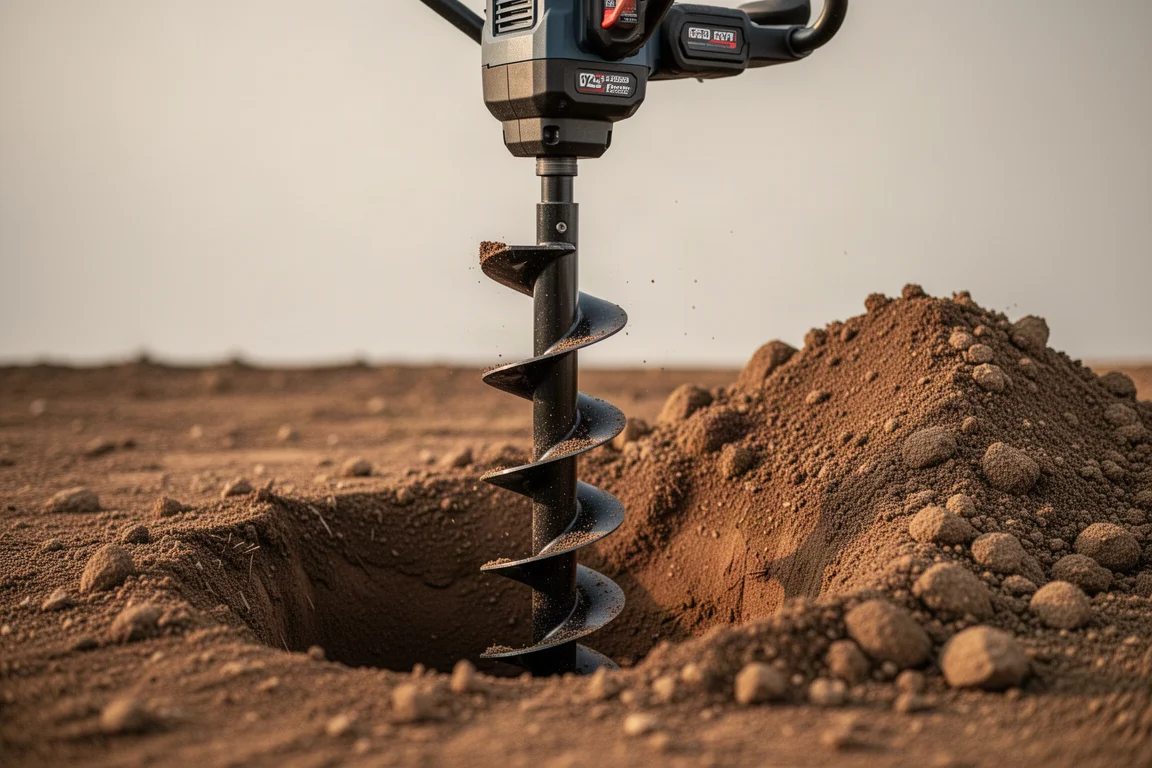 Earth auger drilling into soil on a worksite