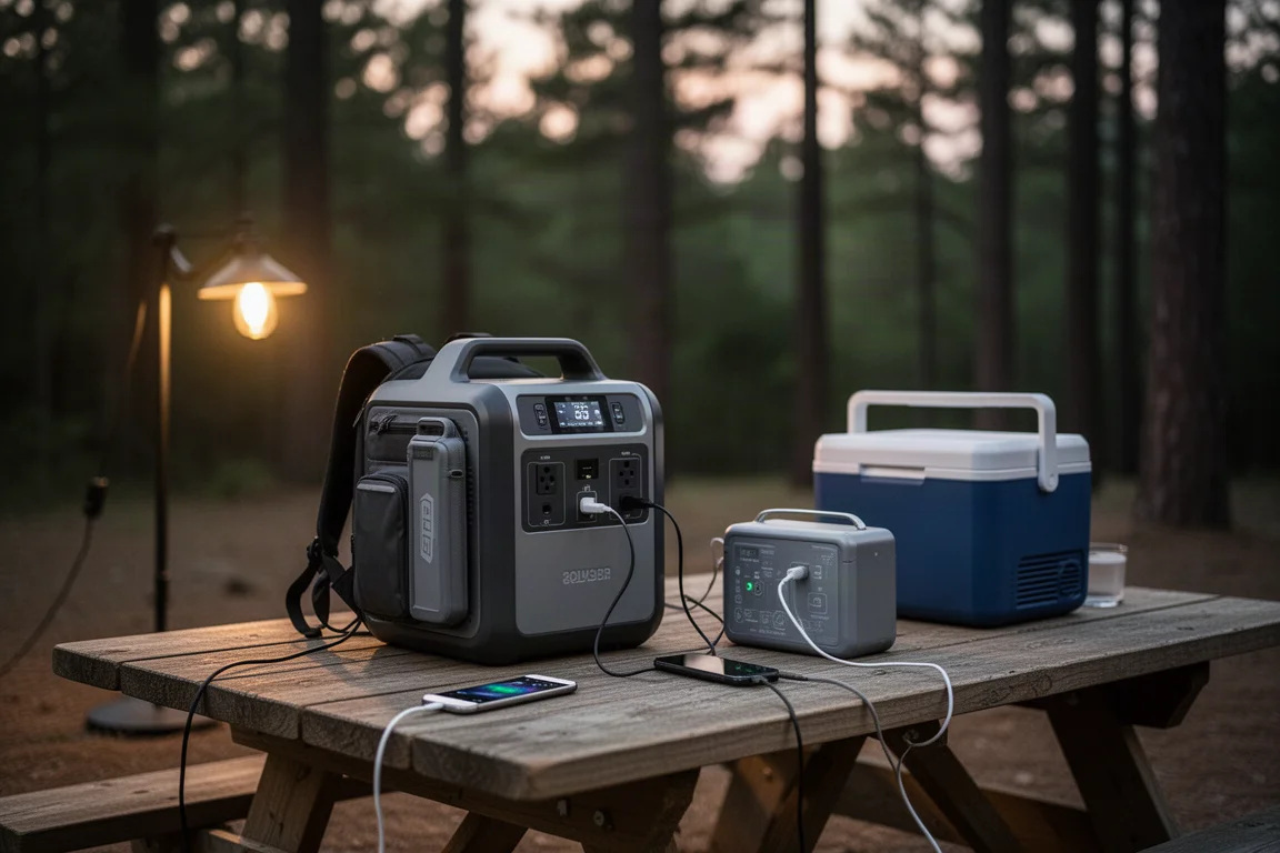 Portable power station charging devices on a campsite table