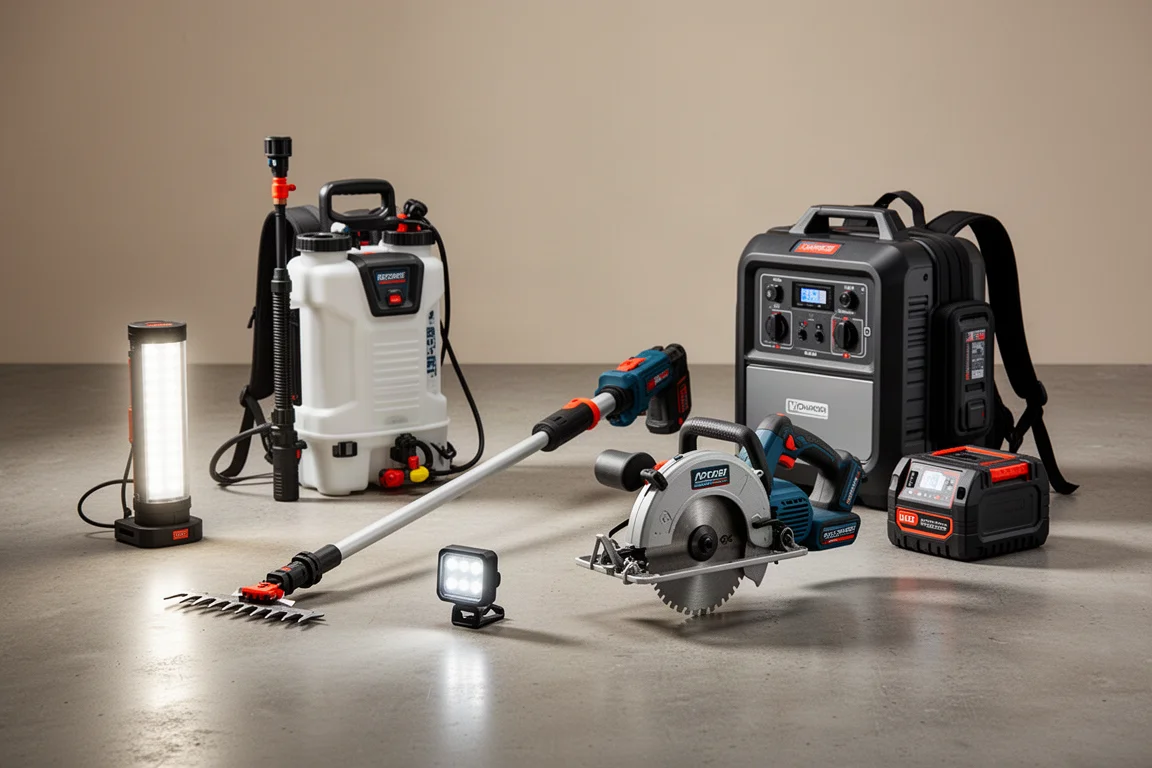 Assortment of Makita cordless tools and accessories arranged on a concrete floor