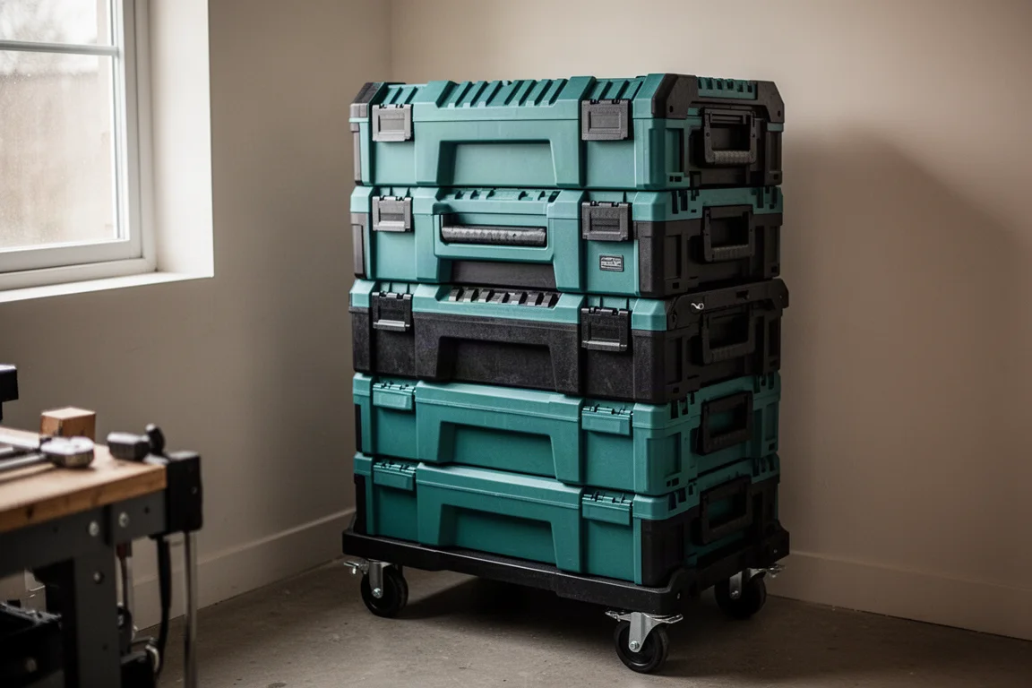Stacked interlocking toolboxes on a rolling chest in a workshop