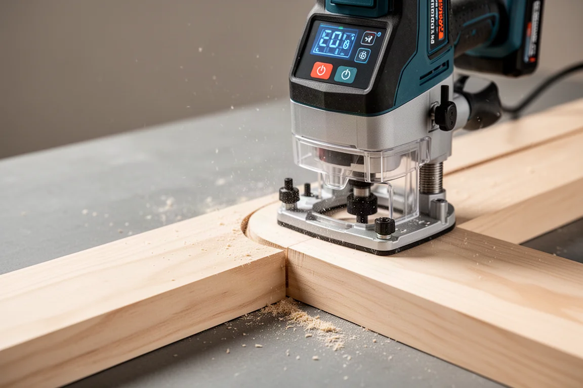 Plunge router cutting a clean edge in a wood workpiece