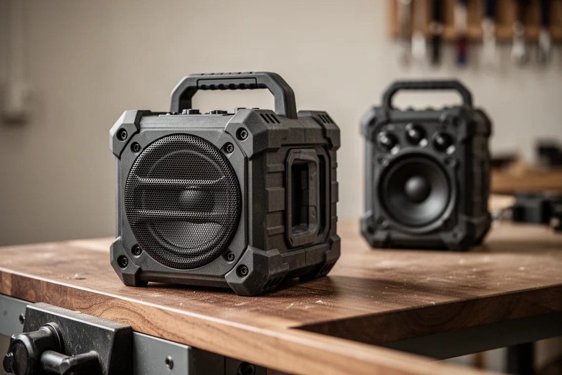 Job site speaker playing music on a workshop bench