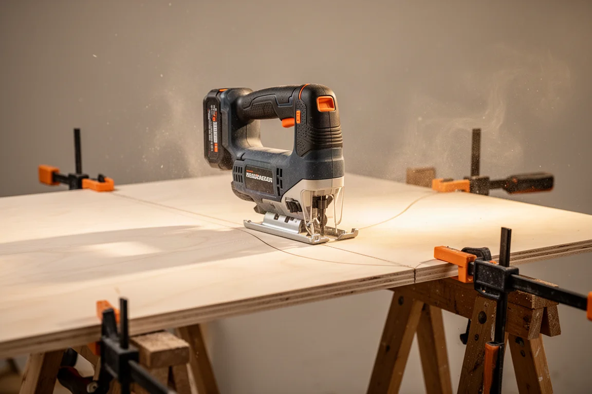 Rear handle jigsaw cutting a curve in a board clamped to sawhorses