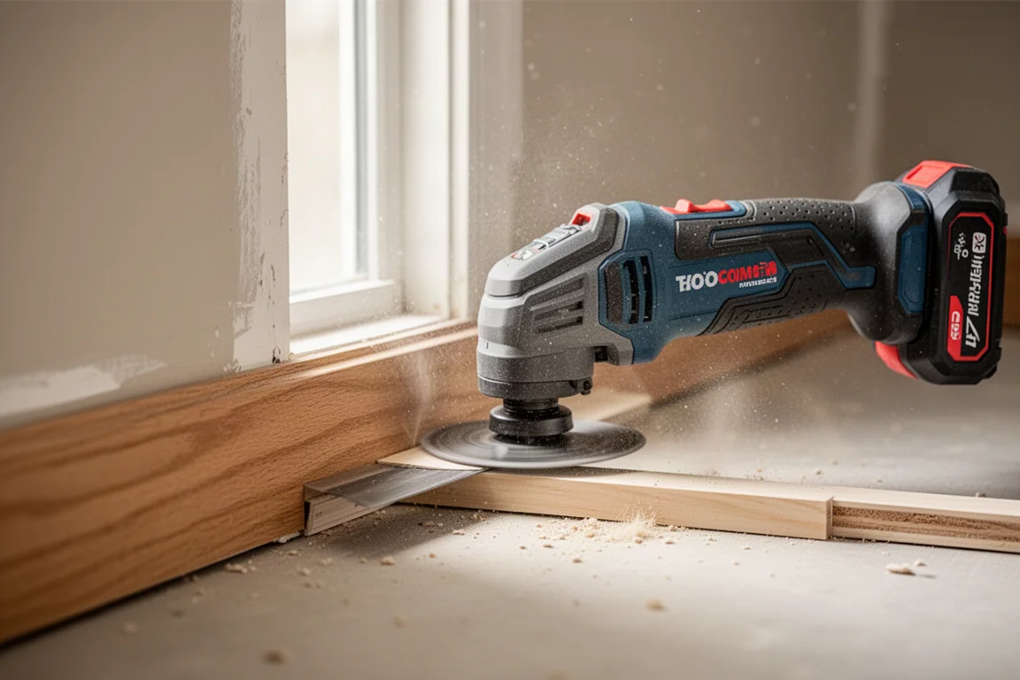 Multitool die plint zaagt tijdens een verbouwingsproject