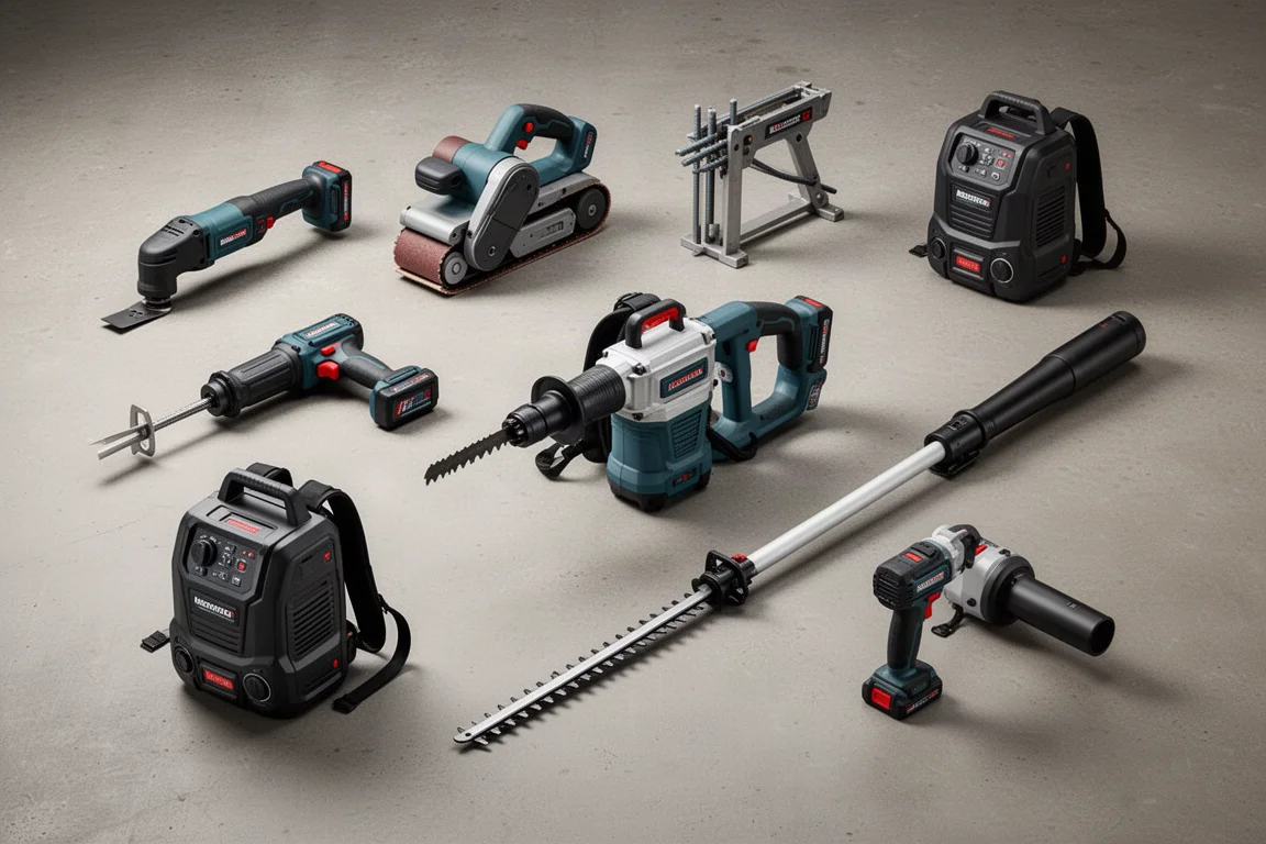 Collection of nine Makita cordless power tools arranged on a concrete surface