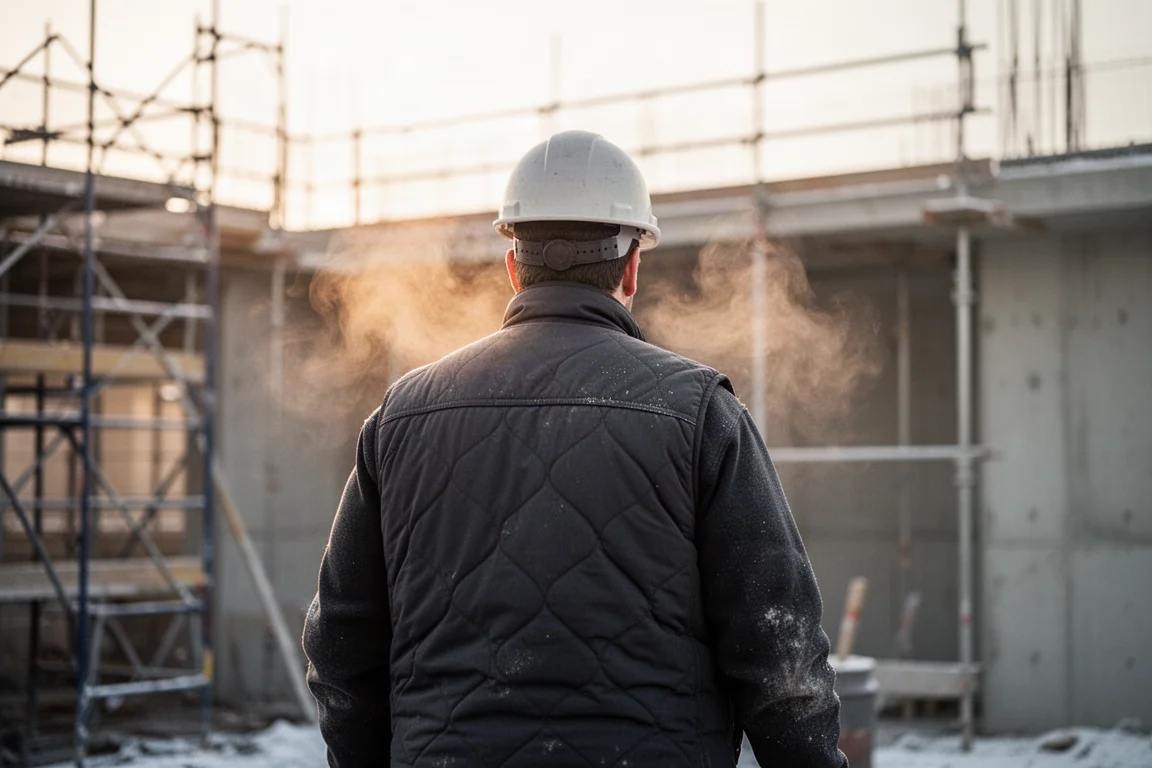 Worker in a heated vest on a cold construction site in early morning light