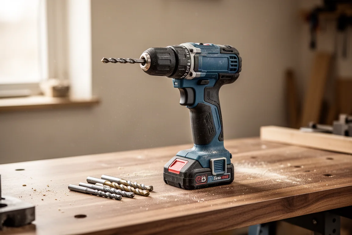 Compact hammer drill resting on a workbench beside drill bits