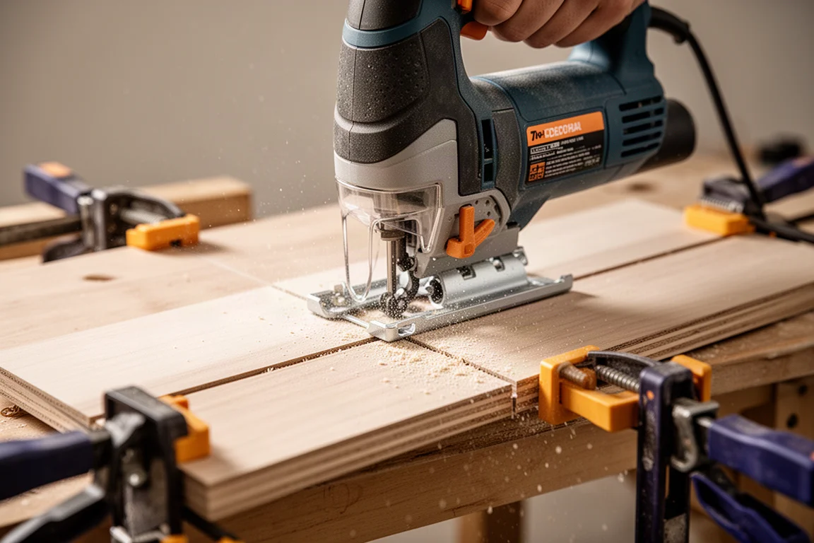 Barrel grip jigsaw cutting through a board in a woodworking shop