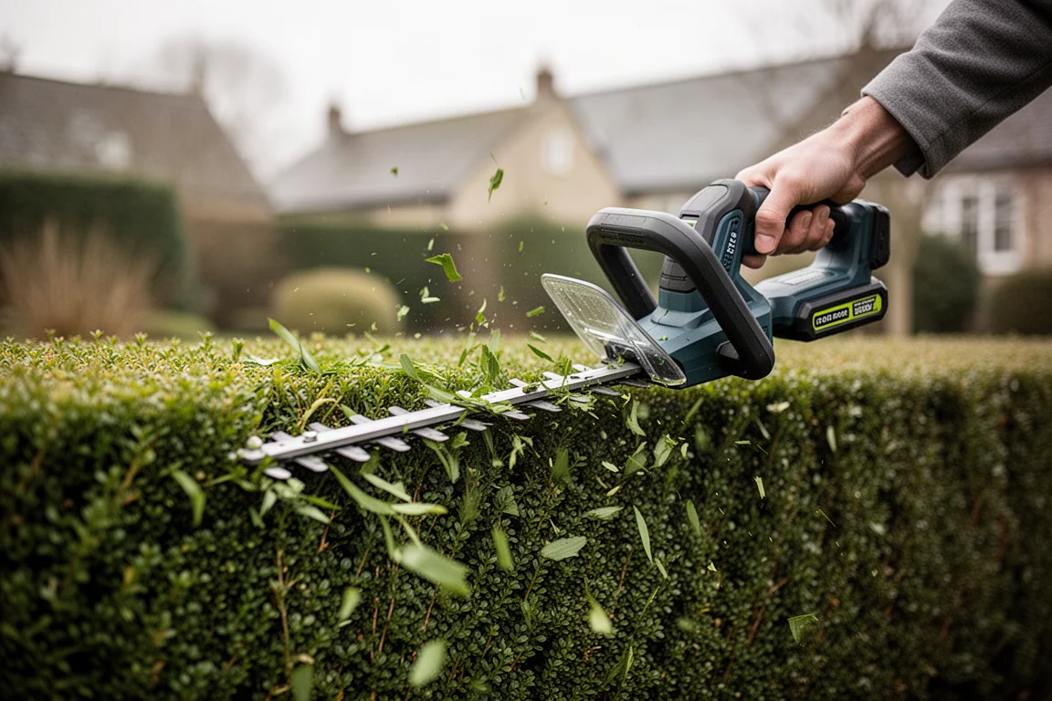 Hedge trimmer shaping a garden hedge in soft daylight