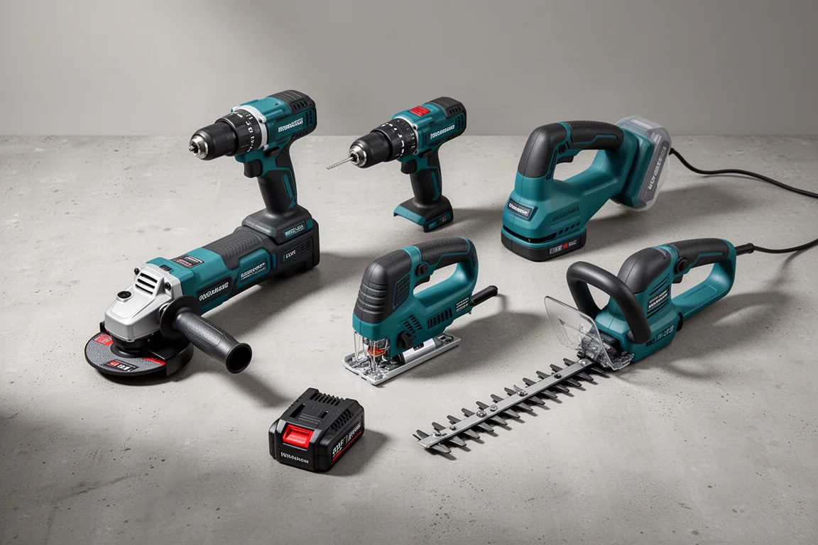 Assorted Makita power tools arranged on a matte concrete surface
