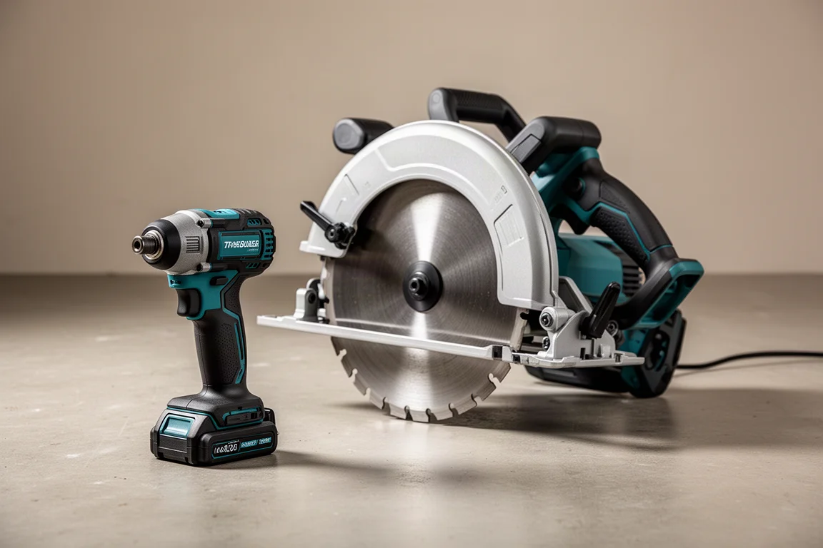 Makita XDT20 impact driver and large XGT circular saw on a concrete workshop floor