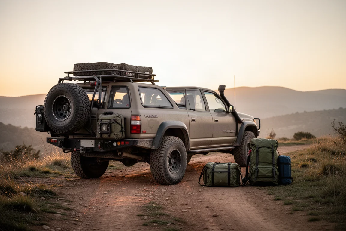 Vehículo de overlanding aparcado en un sendero de tierra con equipo de exterior preparado cerca