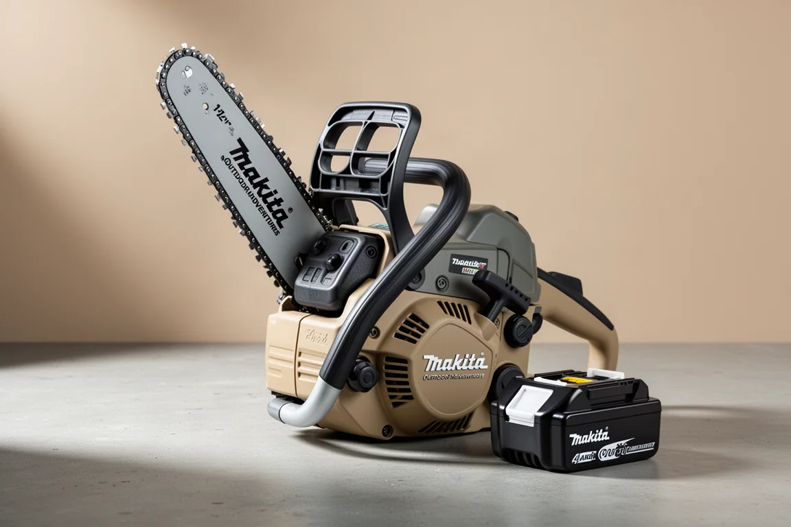Makita Outdoor Adventure series top handle chainsaw with battery on concrete