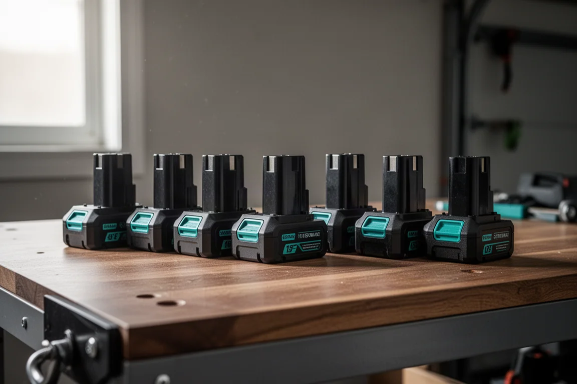 Rij opgeladen accu-gereedschapsbatterijen op een werkbank in de garage