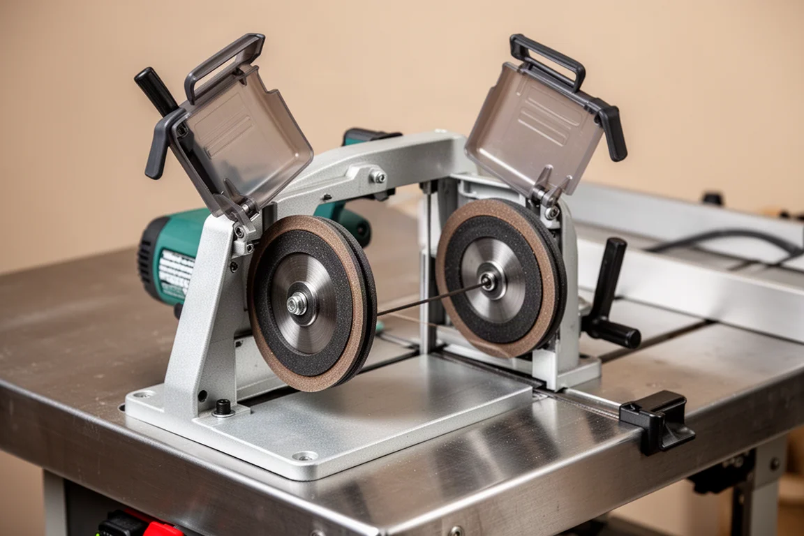 Geöffnetes Sägeblattgehäuse einer Portable Bandsaw, das Räder und Sägeblatt zeigt